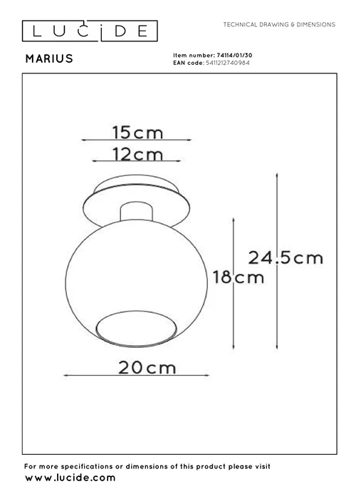 Lucide MARIUS - Plafonnière - 1xE27 - Zwart - technisch